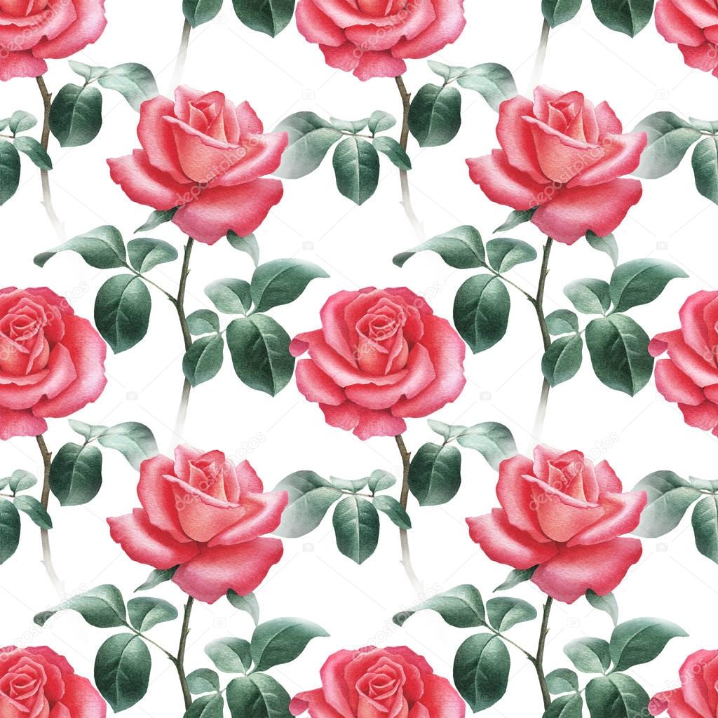 Watercolor red roses. Seamless patter