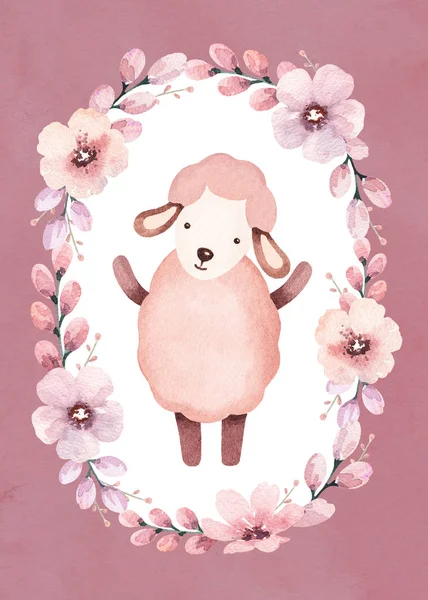 Χαριτωμένα πρόβατα στο floral καρέ — Φωτογραφία Αρχείου