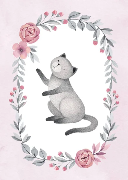 Cute cat in floral frame — Stockfoto