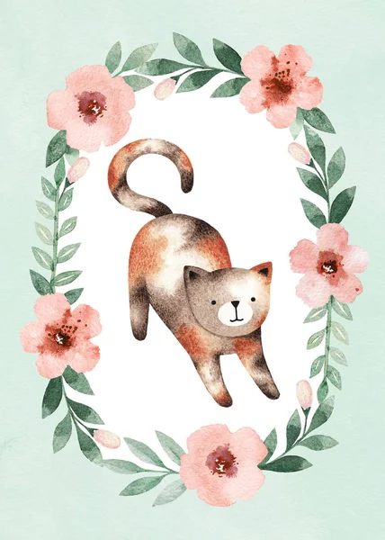 Lindo gato en marco floral —  Fotos de Stock