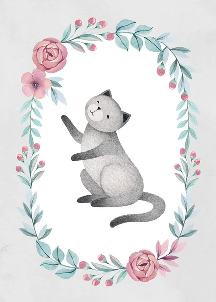 Cute cat in floral frame — Stockfoto