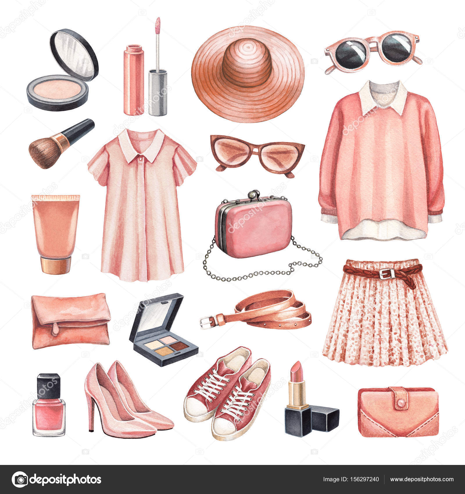 Ropa de moda y colección de maquillaje Ilustración de stock