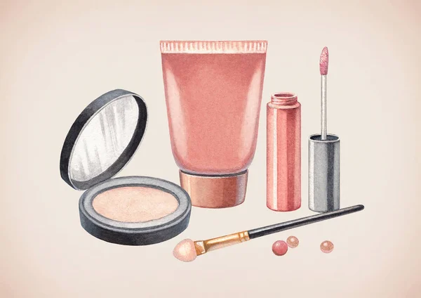 Produits cosmétiques de maquillage dessinés à la main — Photo