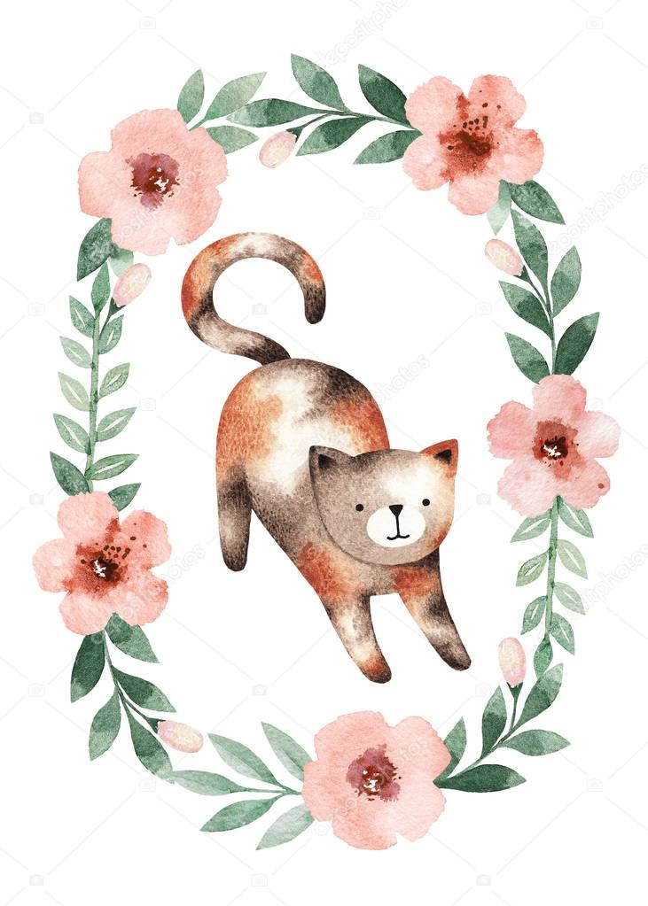 cute cat in floral frame 