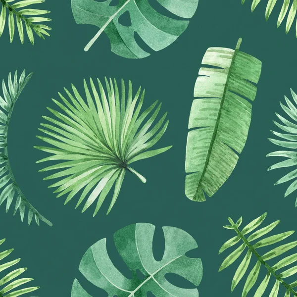 水彩のシームレスな熱帯の葉パターン — ストック写真
