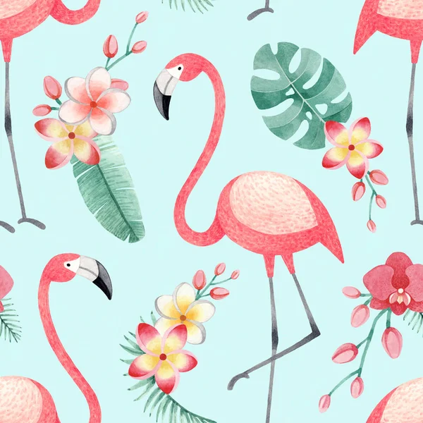Watercolor illustrations of flamingos, tropical flowers and leaves. Seamless tropical pattern — Stock Image Watercolor Illustrations Flamingos Tropical Flowers Leaves Seamless Tropical Pattern Royalty Free Stock Photos