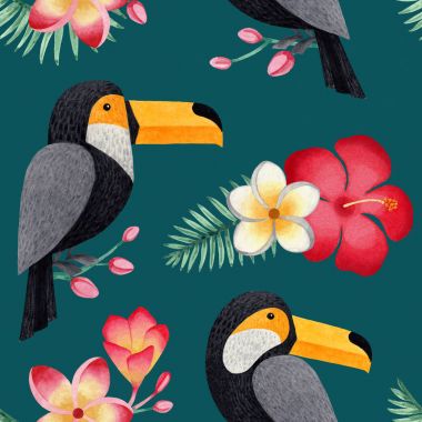 Toucanes, tropikal çiçek ve yaprak suluboya çizimler. Dikişsiz tropikal desen