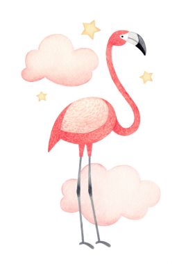 Bir flamingo suluboya çizimi. Tebrik kartı için mükemmel