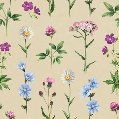 Kır çiçekleri suluboya resimler. Seamless modeli