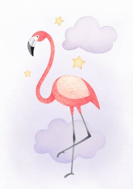 Bir flamingo suluboya çizimi. Tebrik kartı için mükemmel