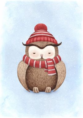 Baykuş suluboya Illustration. Mükemmel Noel tebrik kartları için