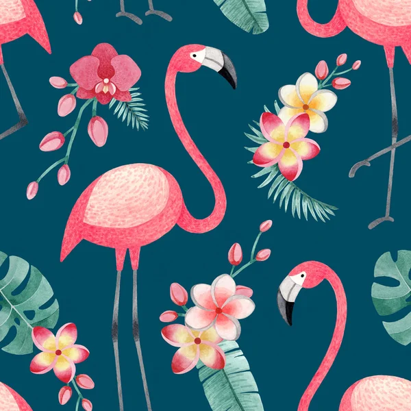 Aquarel Illustraties Van Flamingo Tropische Bloemen Bladeren Naadloze Tropische Patroon — Stockfoto