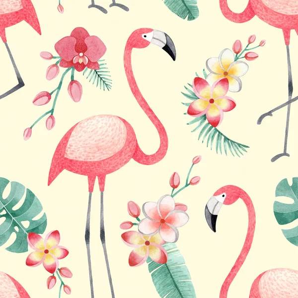Akvarell Illusztrációk Flamingók Trópusi Virágok Levelek Zökkenőmentes Trópusi Minta — Stock Fotó