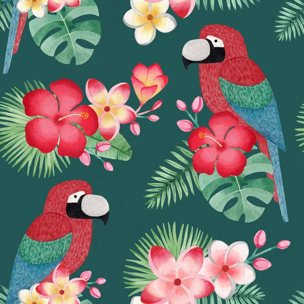 Papağan Tropikal Çiçek Yaprak Suluboya Çizimler Dikişsiz Tropikal Desen — Stok fotoğraf