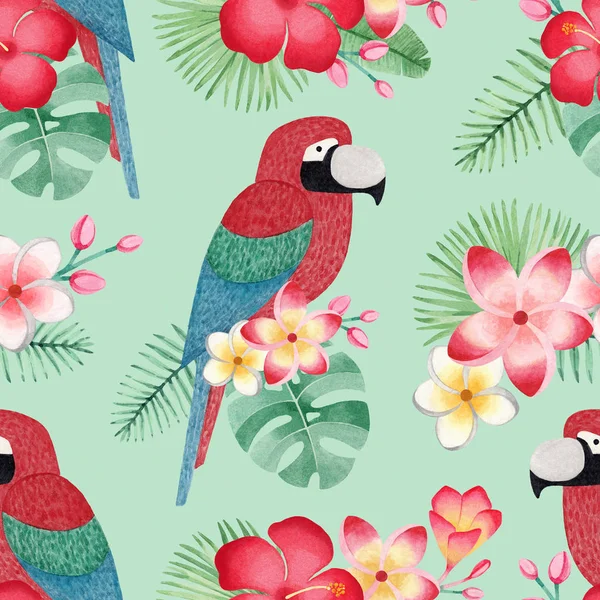 Watercolor Illustrations Parrots Tropical Flowers Leaves Seamless Tropical Pattern — Stock Photo, Image