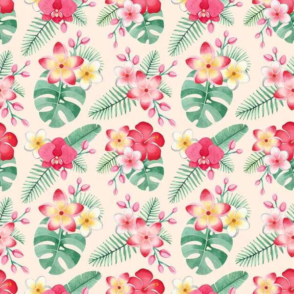 Ilustraciones Acuarela Flores Hojas Tropicales Patrón Tropical Sin Costuras — Foto de Stock