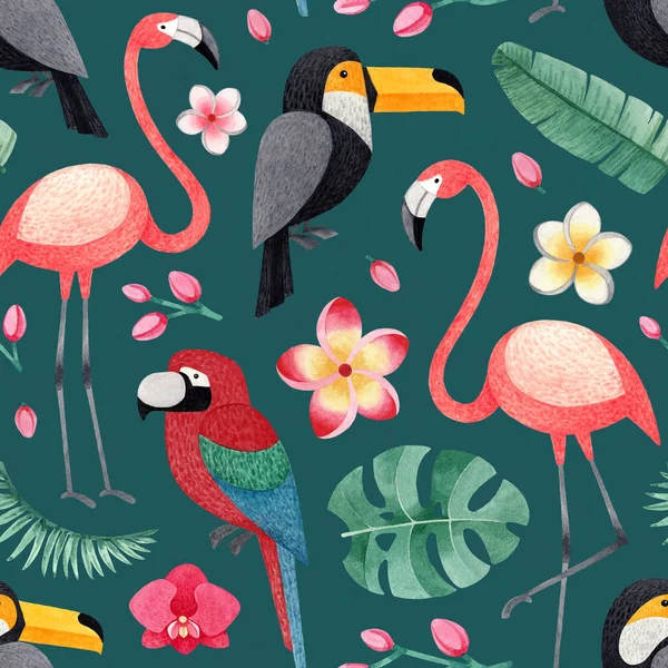 Ilustraciones Acuarela Aves Flores Tropicales Hojas Patrón Tropical Sin Costuras —  Fotos de Stock