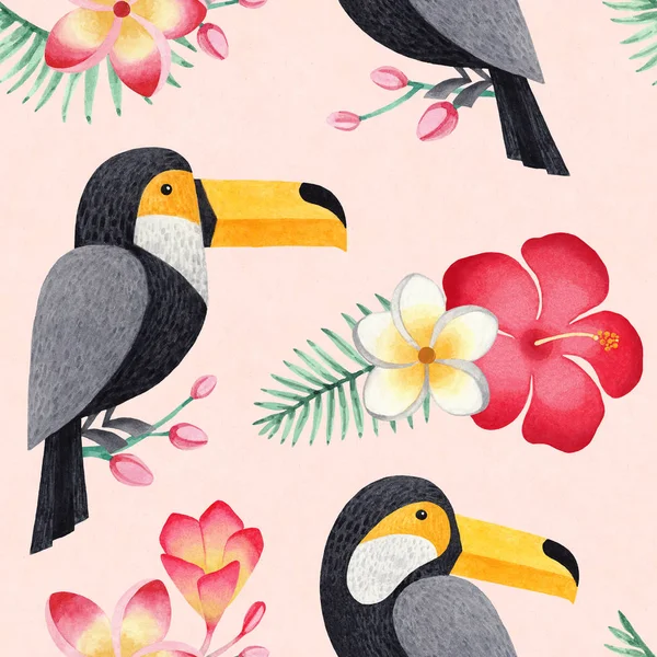 Toucanes 熱帯の花や葉の水彩イラスト 熱帯のシームレスなパターン — ストック写真
