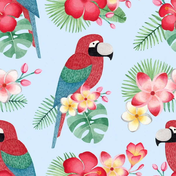 Ilustraciones Acuarela Loros Flores Tropicales Hojas Patrón Tropical Sin Costuras —  Fotos de Stock