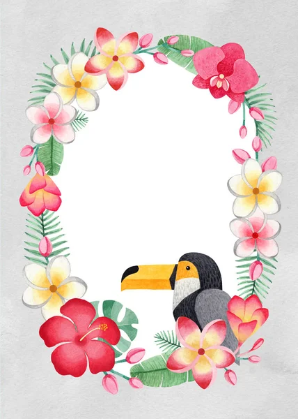 Akvarelu tropický květinový věnec a Tukan. Ideální pro gre — Stock fotografie