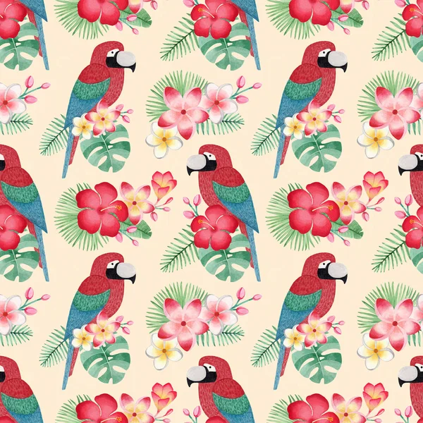 Ilustraciones Acuarela Loros Flores Tropicales Hojas Patrón Tropical Sin Costuras —  Fotos de Stock