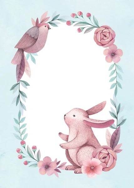 Aquarell Illustrationen Eines Hasen Vögel Und Blumen Perfekt Für Grußkarten — Stockfoto