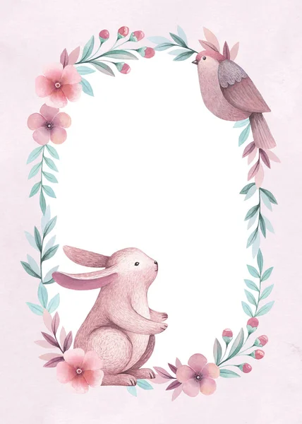 ウサギ 鳥や花の水彩イラスト グリーティング カードや招待状に最適 — ストック写真
