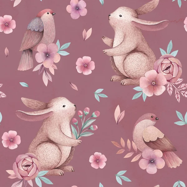 Ilustraciones Acuarela Aves Conejos Patrón Sin Costura —  Fotos de Stock