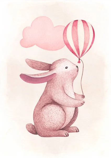 かわいいウサギの水彩画のイラスト グリーティング カードに最適 — ストック写真