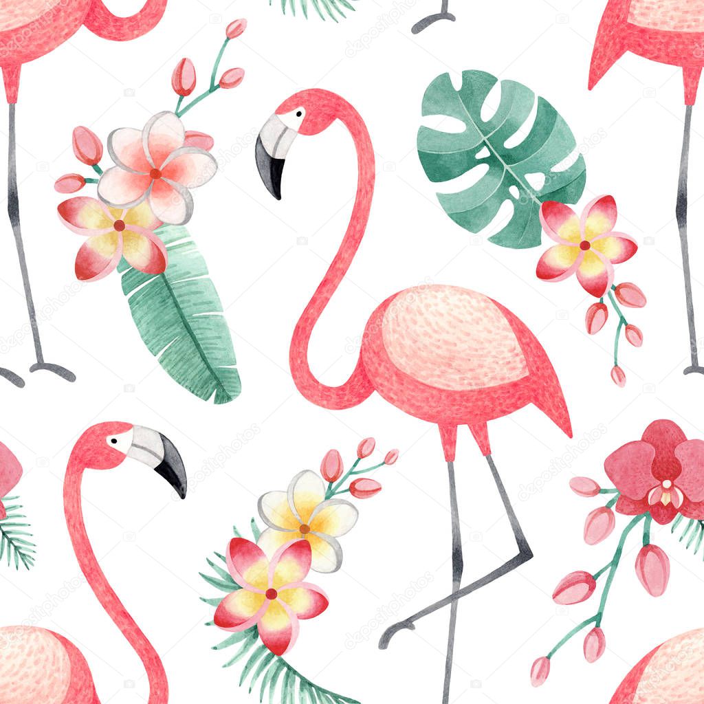 Watercolor illustrations of flamingos, tropical flowers and leaves. Seamless tropical pattern