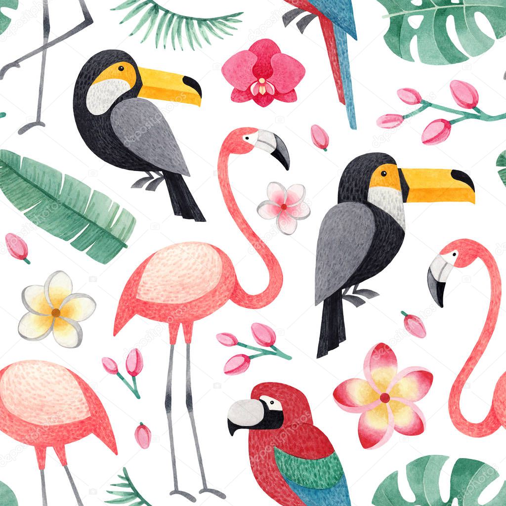 Watercolor illustrations of birds, tropical flowers and leaves. Seamless tropical pattern