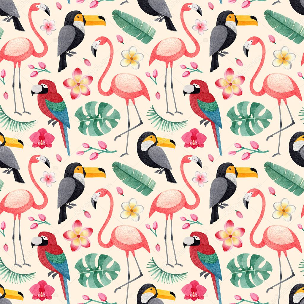 Watercolor illustrations of birds, tropical flowers and leaves. Seamless tropical pattern