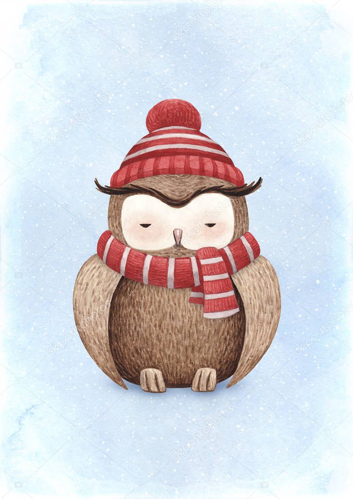 A watercolor illustration of the owl. Perfect for Christmas greeting cards