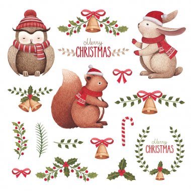 Sulu Boya Noel illüstrasyonlar. Hayvanlar ve Noel süsleri