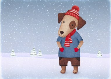 Bir köpek suluboya çizimi. Mükemmel Noel tebrik kartları için