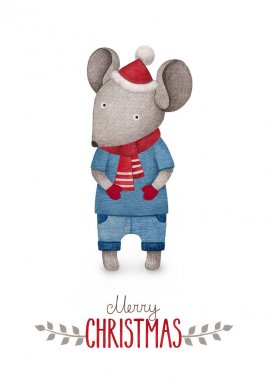 Bir fare suluboya çizimi. Mükemmel Noel tebrik kartları için