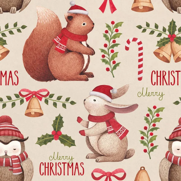 Aquarel Kerstmis Illustraties Naadloze Patroon — Stockfoto
