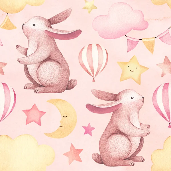 Watercolor Illustration Cute Bunny Seamless Pattern — Stock Photo, Image