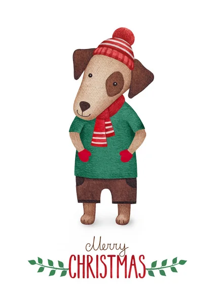 Ilustração Aquarela Cão Perfeito Para Cartões Felicitações Natal — Fotografia de Stock