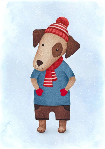 Ακουαρέλα Εικονογράφηση Ενός Σκύλου Ιδανικό Για Χριστουγεννιάτικες Ευχετήριες Κάρτες — Φωτογραφία Αρχείου