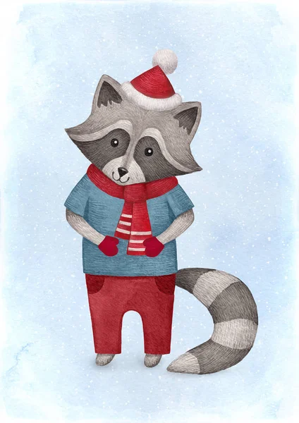 Watercolor Illustration Raccoon Perfect Christmas Greeting Cards — Stock Photo, Image