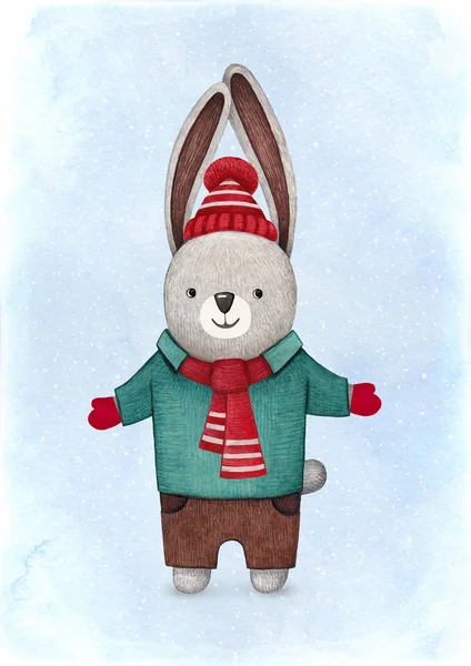 ウサギの水彩画のイラスト クリスマスのグリーティング カードに最適 — ストック写真