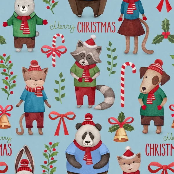 Akvarell djur jul mönster — Stockfoto