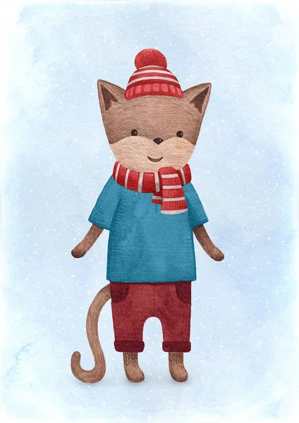 Una ilustración de acuarela del gato. Perfecto para Navidad Gree —  Fotos de Stock