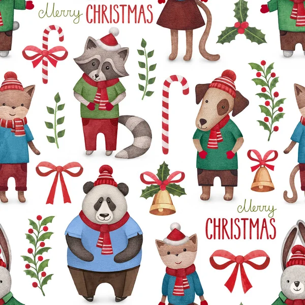Akvarelu zvířata vánoční vzor — Stock fotografie