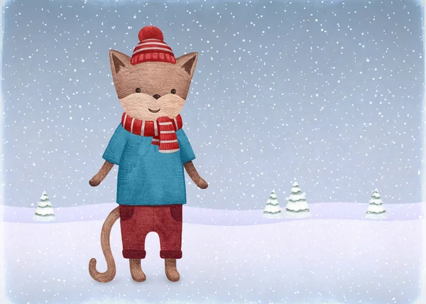 Kedi suluboya Illustration. Noel gree için mükemmel — Stok fotoğraf