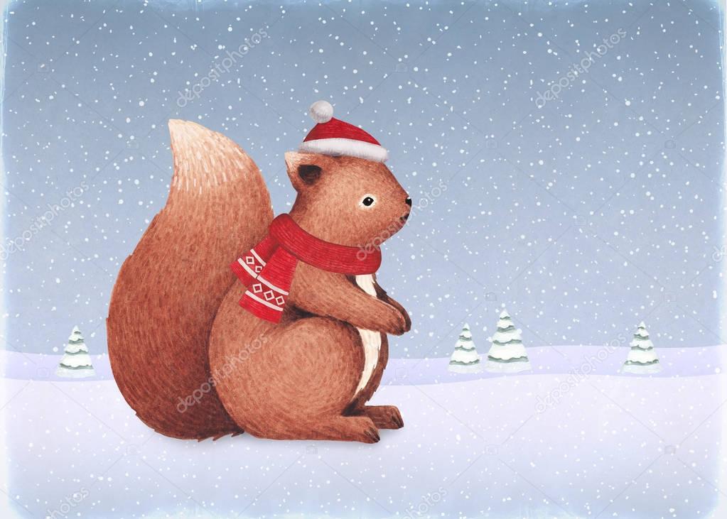 A watercolor illustration of the squirrel. Perfect for Christmas greeting cards