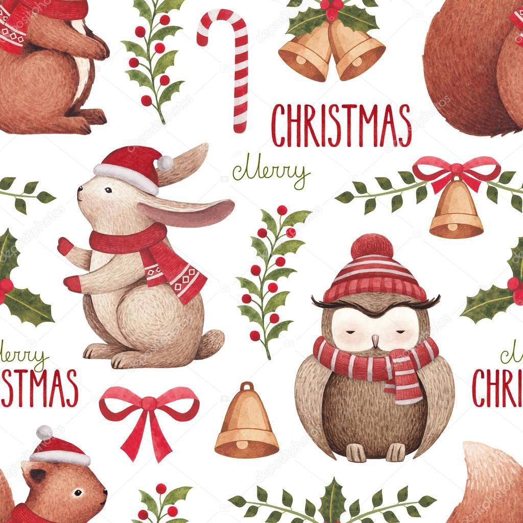 Watercolor christmas illustrations. Seamless pattern