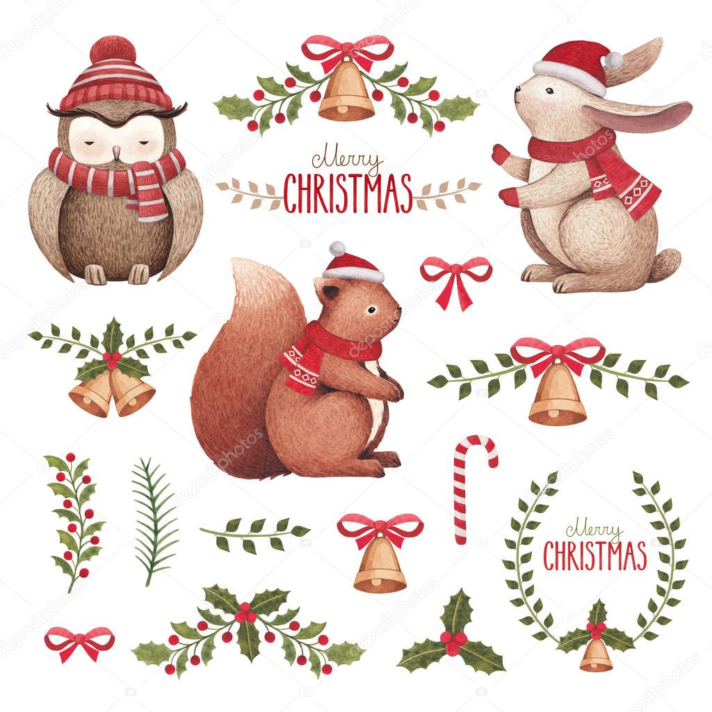 Watercolor christmas illustrations. Animals and christmas decorations