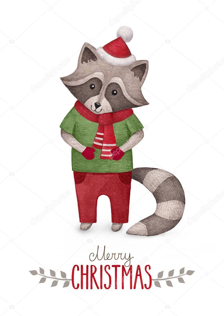 A watercolor illustration of the raccoon. Perfect for Christmas greeting cards